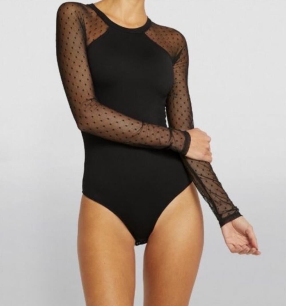 Good America THE STARE DOWN long sleeve Mesh Black Bodysuit | Size 2 / Med